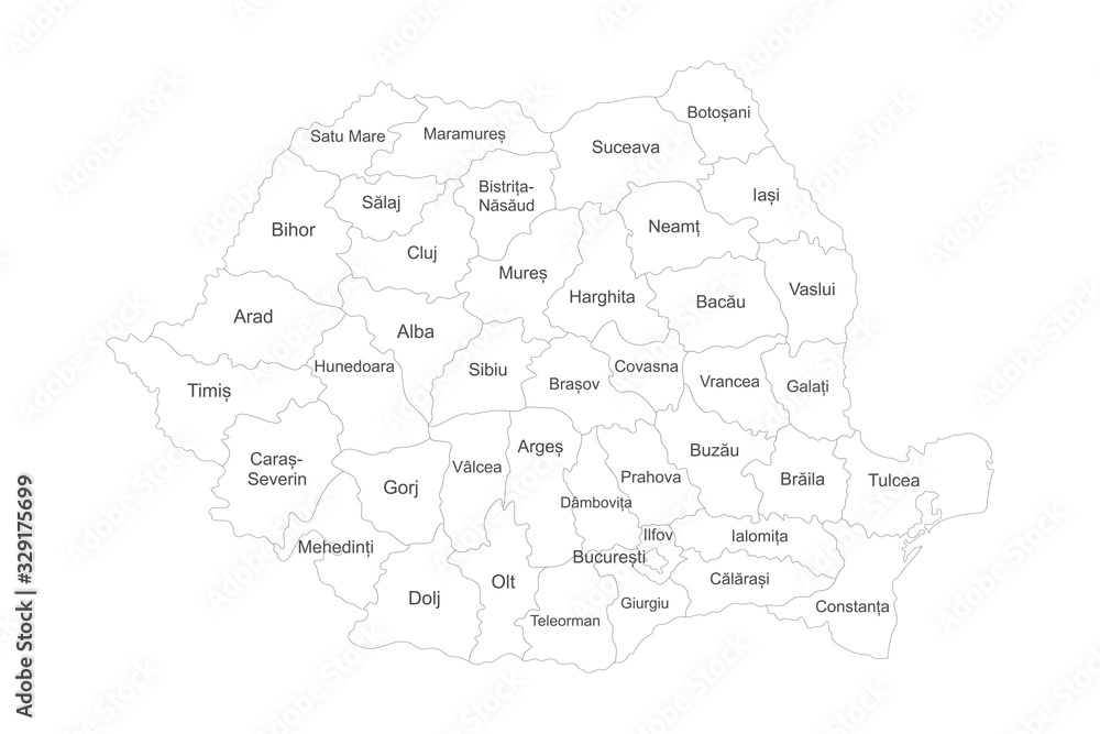 Fototapeta Romania region map with name labels. Political map. Perfect for business concepts, backgrounds, backdrop, poster, sticker, banner, label and wallpaper.