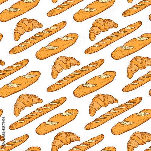 Hand drawn Bakery products. French Pastries Vector Seamless pattern. Bread, baguette and croissant