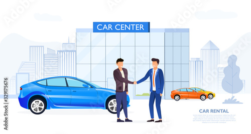 Client shaking automobile dealers hand in simple sketchy image with two men outdoors near Car Center, rental or used car dealership office, transferring a car after signing the contract