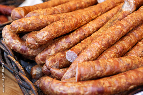 Freshly smoked sausages at the market