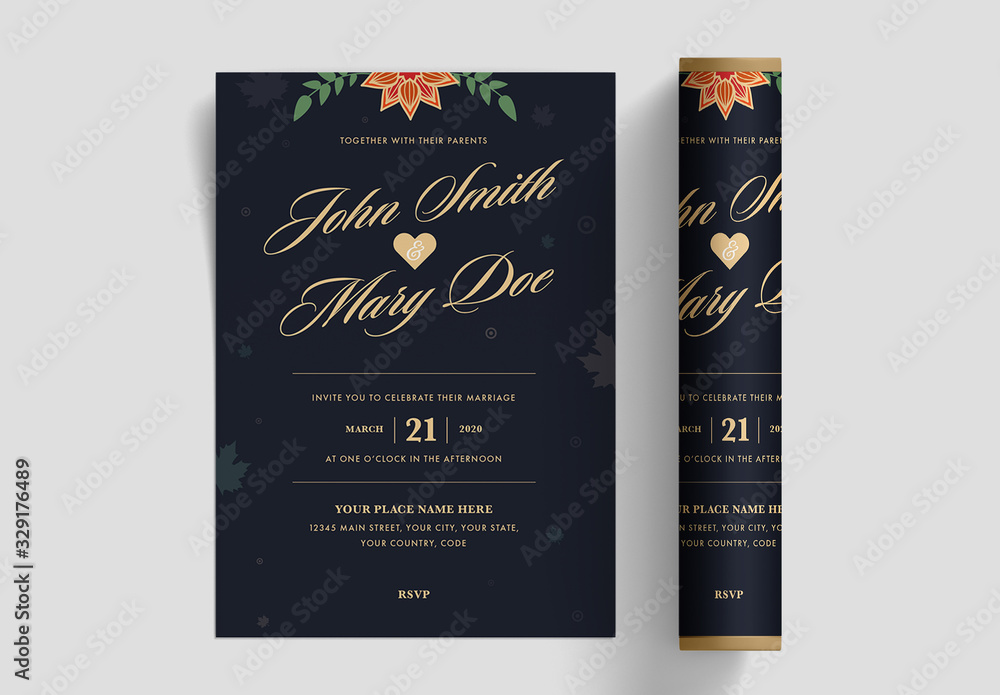 Wedding Invitation Card Layout with Golden Text Stock Template Adobe