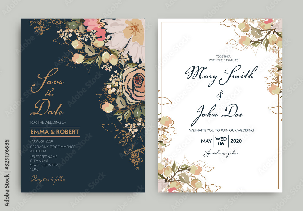 Two Wedding Invitation Cards with Watercolor Flowers Stock Template