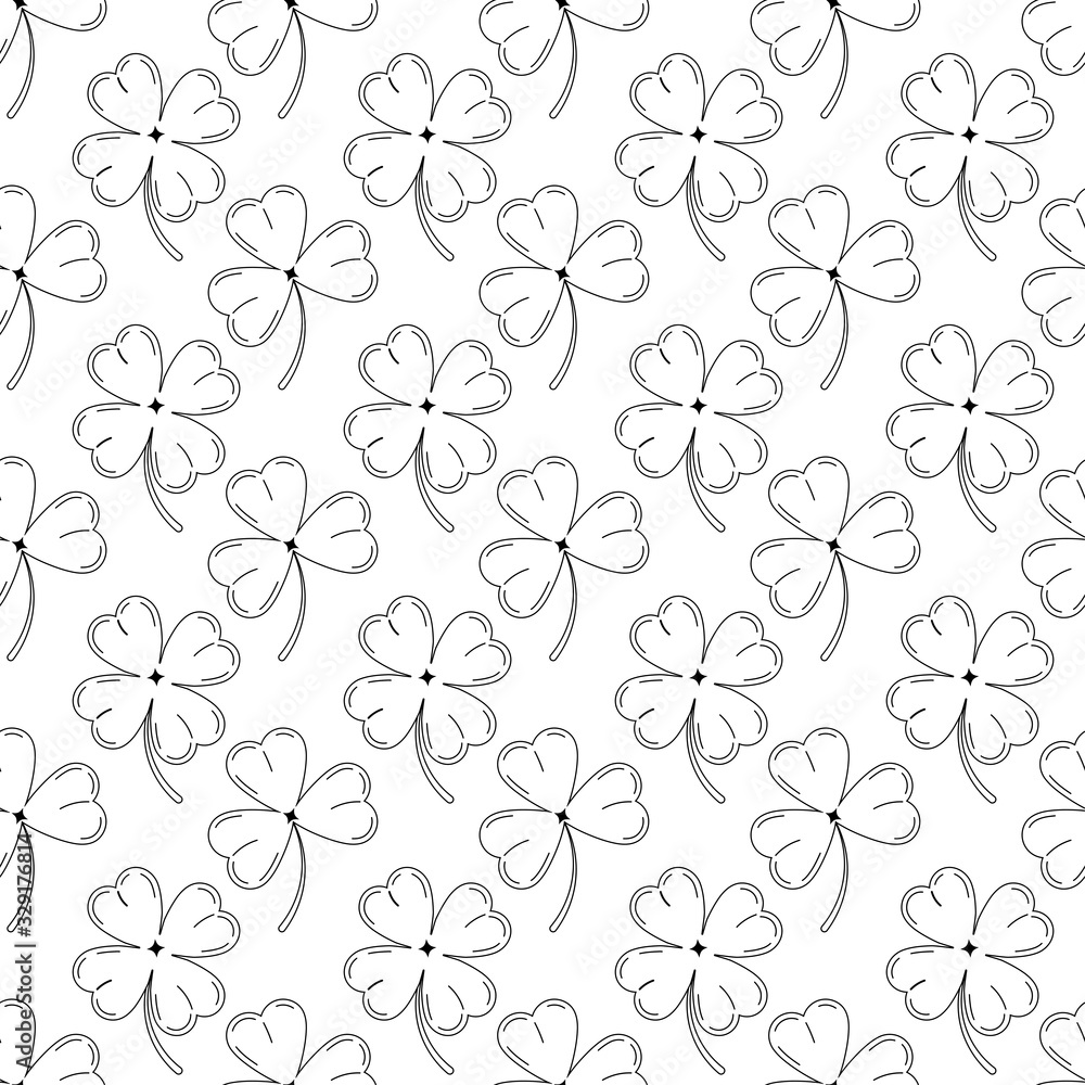 Clover leaves seamless pattern black silhouette isolated on white background.