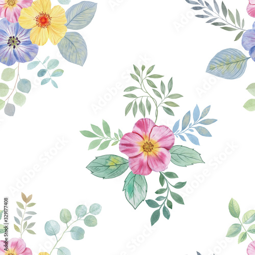 Fototapeta Naklejka Na Ścianę i Meble -  Decorative ornament. Seamless watercolor pattern. Flowers for design. Hand-drawn botanical pattern. Art flowers on a white background.
