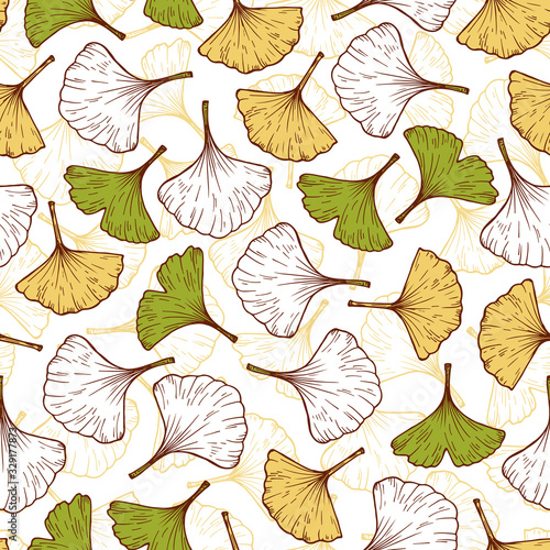 Medicinal plant Ginkgo Biloba. Hand drawn Leaf Seamless pattern. Leaves endless background. Vector illustration