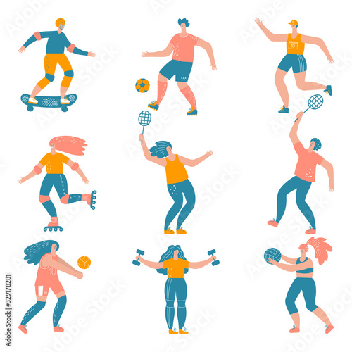mans and womans doing sports vector set