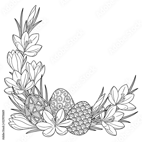 Happy Easter. Frame with black and white doodle easter eggs and spring crocus flowers. Coloring book for adults for relaxation and meditation. Vector isolated elements