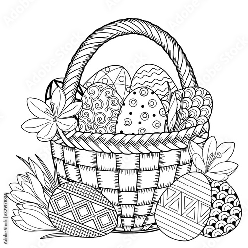 Happy Easter. Black and White Doodle Easter Eggs in the basket. Coloring book for adults for relax and meditation. Vector isolated elements