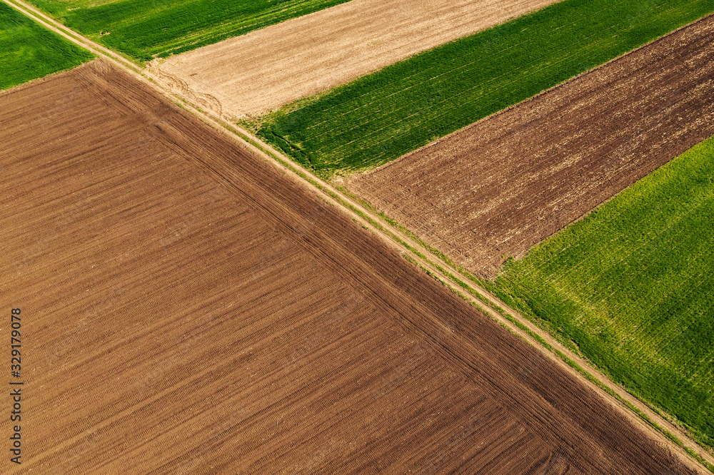 Aerial view of countryside agricultural fields patchwork