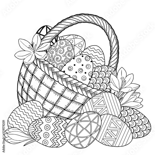 Happy Easter. Black and White Doodle Easter Eggs in the basket. Coloring book for adults for relax and meditation. Vector isolated elements