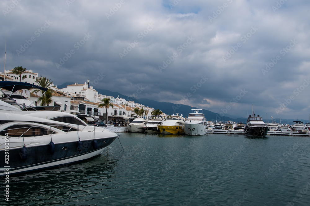 MARBELLA, SPAIN - February 28, 2020 - Boats and yachts moored in the sport port, Marbella, Malaga Province, Andalucia