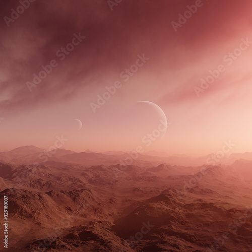 3d rendered Space Art: Alien Planet - A Fantasy Landscape with red skies