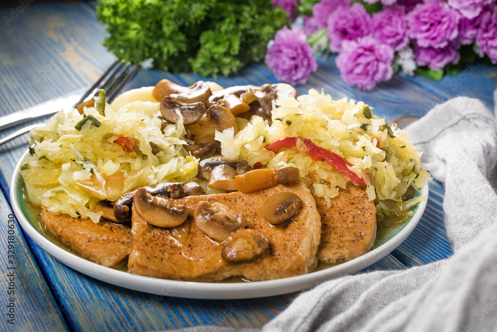 Braised pork loin with mushrooms. Braised pork loin with mushrooms.