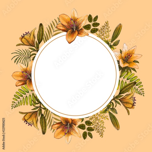 Decorative greeting card with orange lily flowers. Elegant post card with beautiful lilies. Free place for text. Watercolor design.