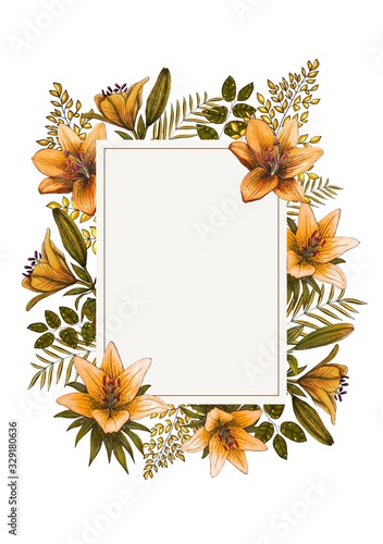 Decorative greeting card with orange lily flowers. Elegant post card with beautiful lilies. Free place for text. Watercolor design.