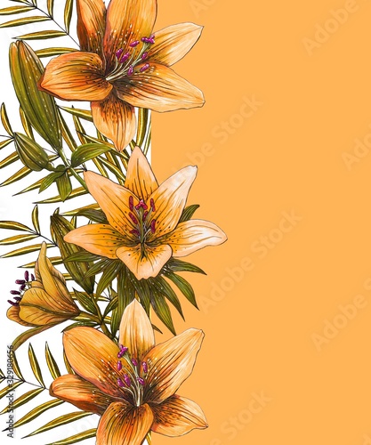 Decorative greeting card with orange lily flowers. Elegant post card with beautiful lilies. Free place for text. Watercolor design.