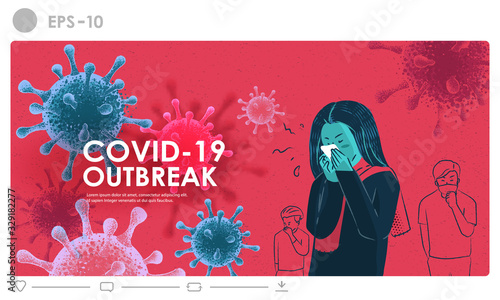 Coronavirus outbreak and influenza in 2020. Covid-19 strain cases as a pandemic medical health risk concept with disease cells virus background.People wearing mask illustration vector as dangerous.