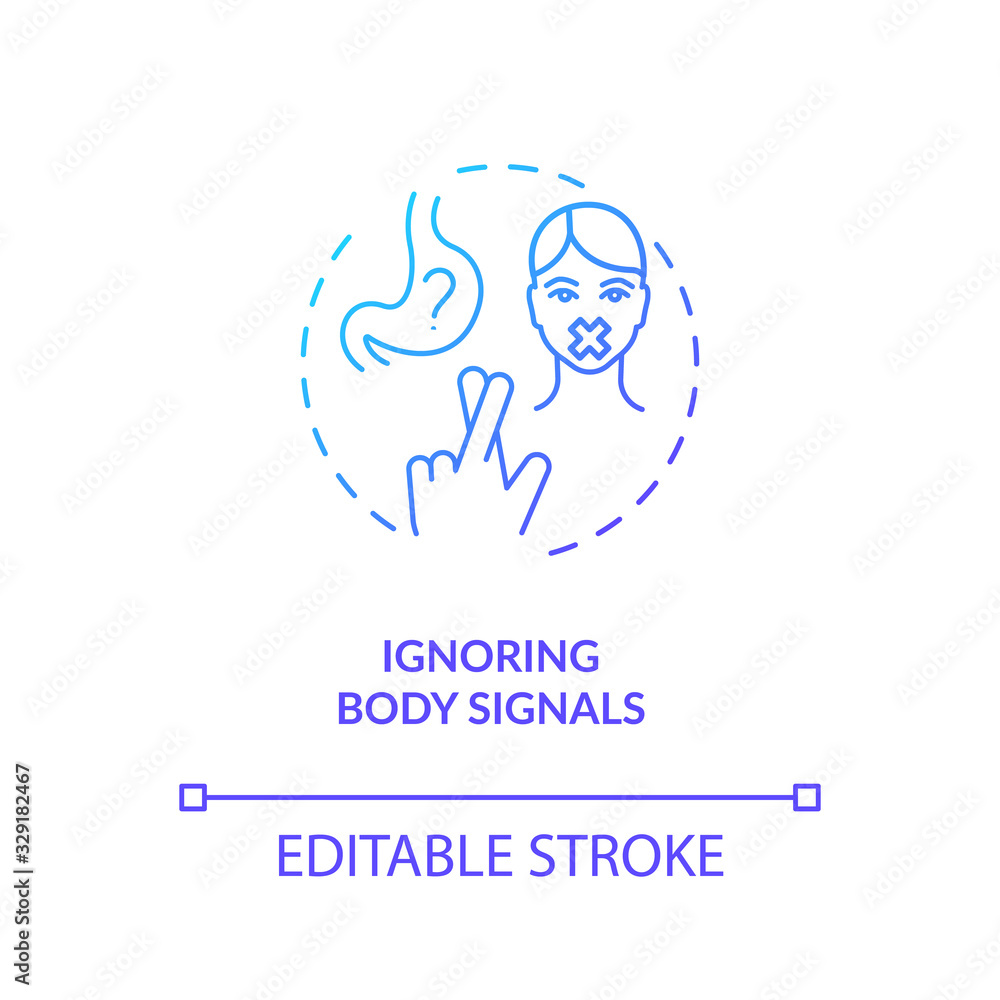 Ignoring body signals concept icon. Mindful eating, conscious nutrition idea thin line illustration. Unhealthy dieting and fasting. Vector isolated outline RGB color drawing