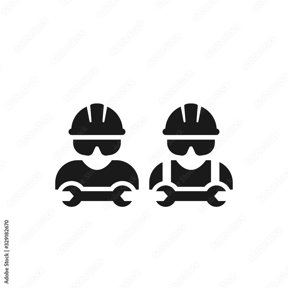 Fototapeta premium Worker, construction workman or mechanic with wrench wearing protective glasses and helmet. Black isolated vector icon.