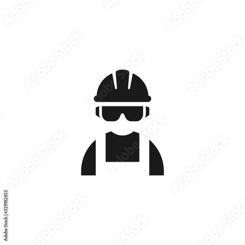 Worker, construction workman wearing protective glasses and helmet. Black isolated vector icon.