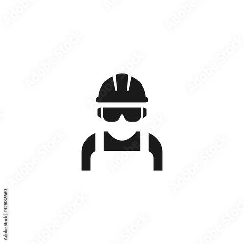Worker, construction workman wearing protective glasses and helmet. Black isolated vector icon.