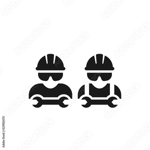Worker, construction workman or mechanic with wrench wearing protective glasses and helmet. Black isolated vector icon.