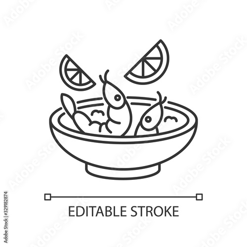 Ceviche pixel perfect linear icon. Peruvian national dish. Latin american cuisine main course. Thin line customizable illustration. Contour symbol. Vector isolated outline drawing. Editable stroke