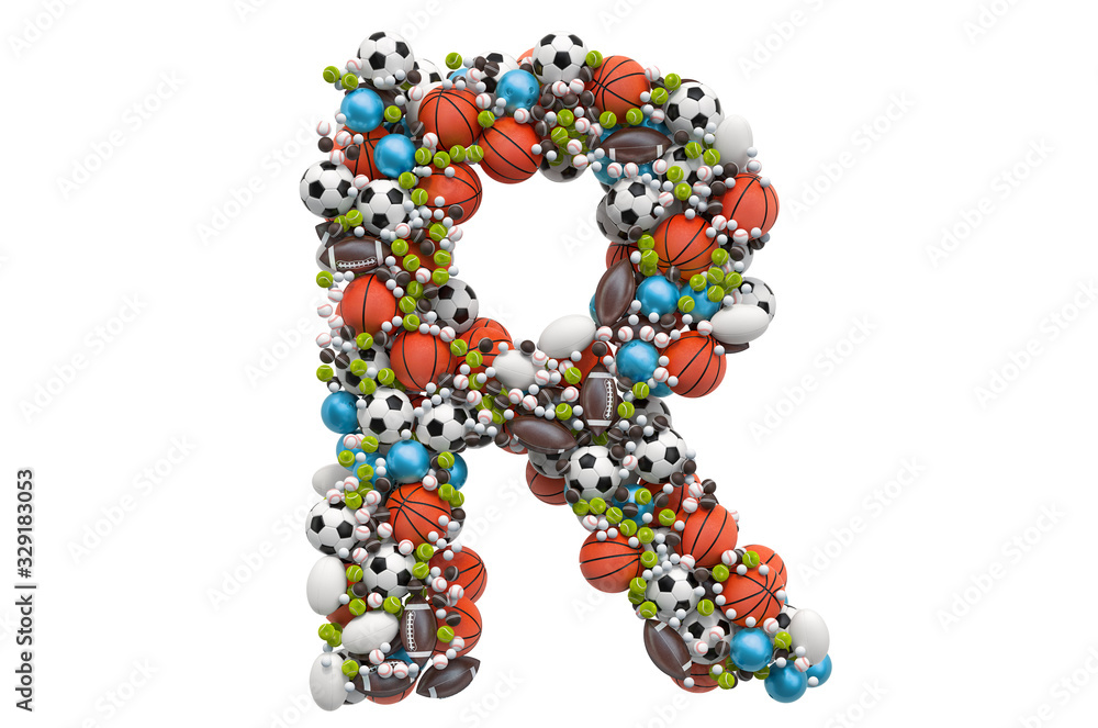 Letter R from sport gaming balls, 3D rendering