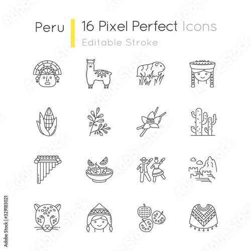 Peru pixel perfect linear icons set. Peruvian sights, culture, nature, cuisine. Siku, poncho, jaguar. Customizable thin line contour symbols. Isolated vector outline illustrations. Editable stroke