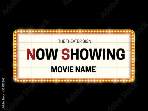 Realistic 3D light bulb cinema frame in retro style on black background.