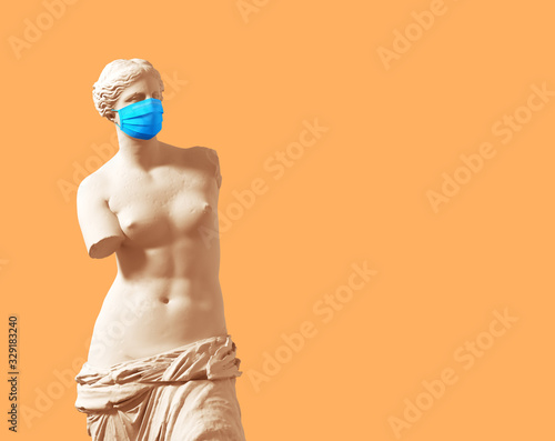 3D Model Aphrodite With Medical Mask On Yellow Background photo