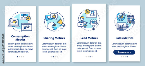 SMM strategy efficiency analytics onboarding mobile app page screen with concepts. Consumption metrics walkthrough 4 steps graphic instructions. UI vector template with RGB color illustrations