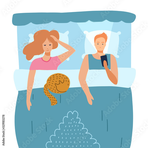 Sleepless man and woman suffer from insomnia. Couple with open eyes in darkness night lying on bed concept. Sad husband awake using smart phone, wife tired with dream problem. Flat vector illustration