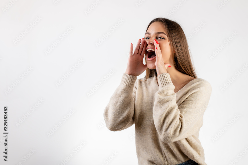 beautiful woman screaming at copy space isolated over white beautiful woman screaming at copy space isolated over white