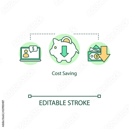 Cost saving concept icon. Reducing expenses and limiting expenditure idea thin line illustration. Profitable deal and good bargain. Vector isolated outline RGB color drawing. Editable stroke