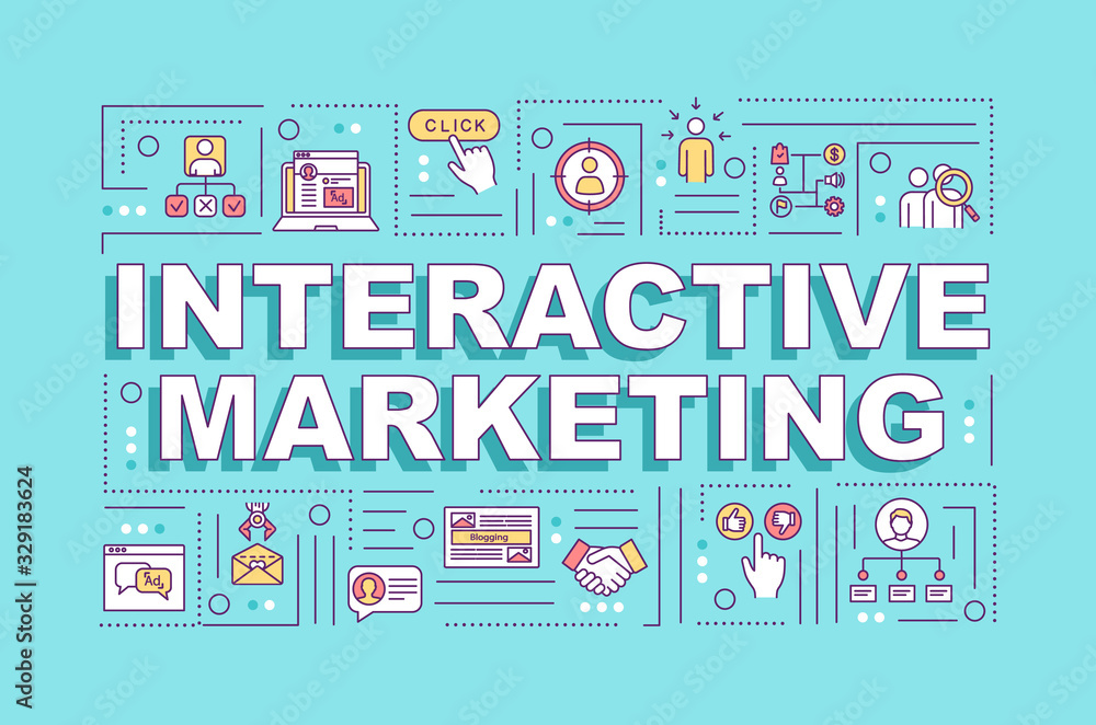 Interactive marketing word concepts banner. Attracting visitors and lead generation. Infographics with linear icons on turquoise background. Isolated typography. Vector outline RGB color illustration