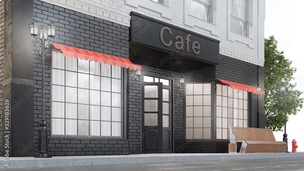 Naklejka premium Cafe or coffee shop. Exterior of a building near the road. The view from the street is a bench with a garbage bin, street lights, hydrant and a beautiful tree, 3d illustration