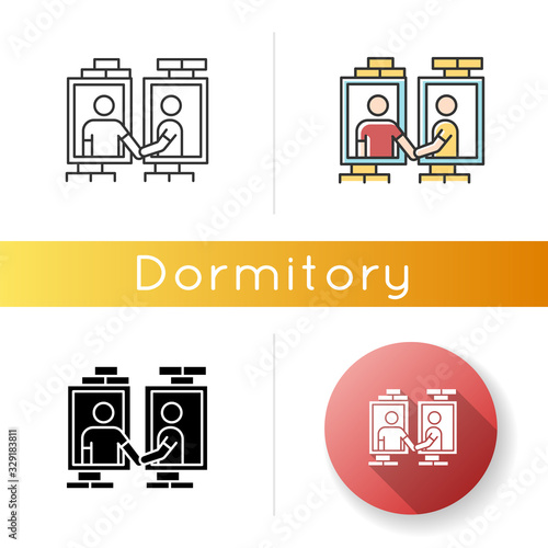 Neighbors in window frames icon. Dormitory mates relationship. Dormmates greeting each other. Linear black and RGB color styles. Linear, black and RGB color styles. Isolated vector illustrations