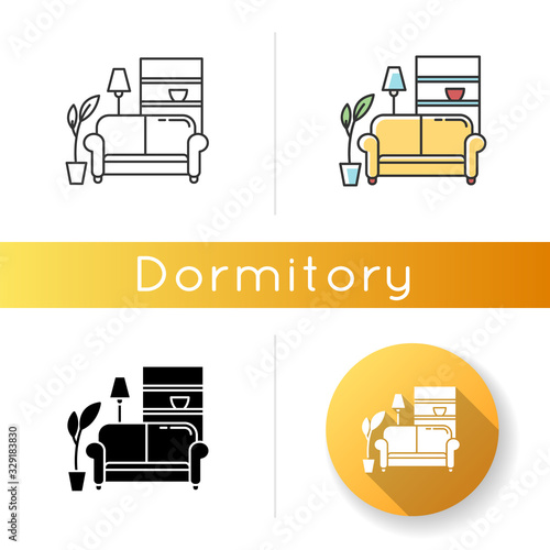 Apartment interior icon. Living room furniture. Cosy home. Couch, sofa. Place for relaxation. Linear black and RGB color styles. Linear, black and RGB color styles. Isolated vector illustrations