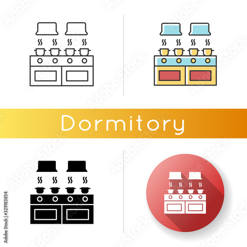 Communal kitchen icon. Common dormitory room. Cooking. Casseroles on stove top. Restaurant, cafe. Linear black and RGB color styles. Linear, black and RGB color styles. Isolated vector illustrations