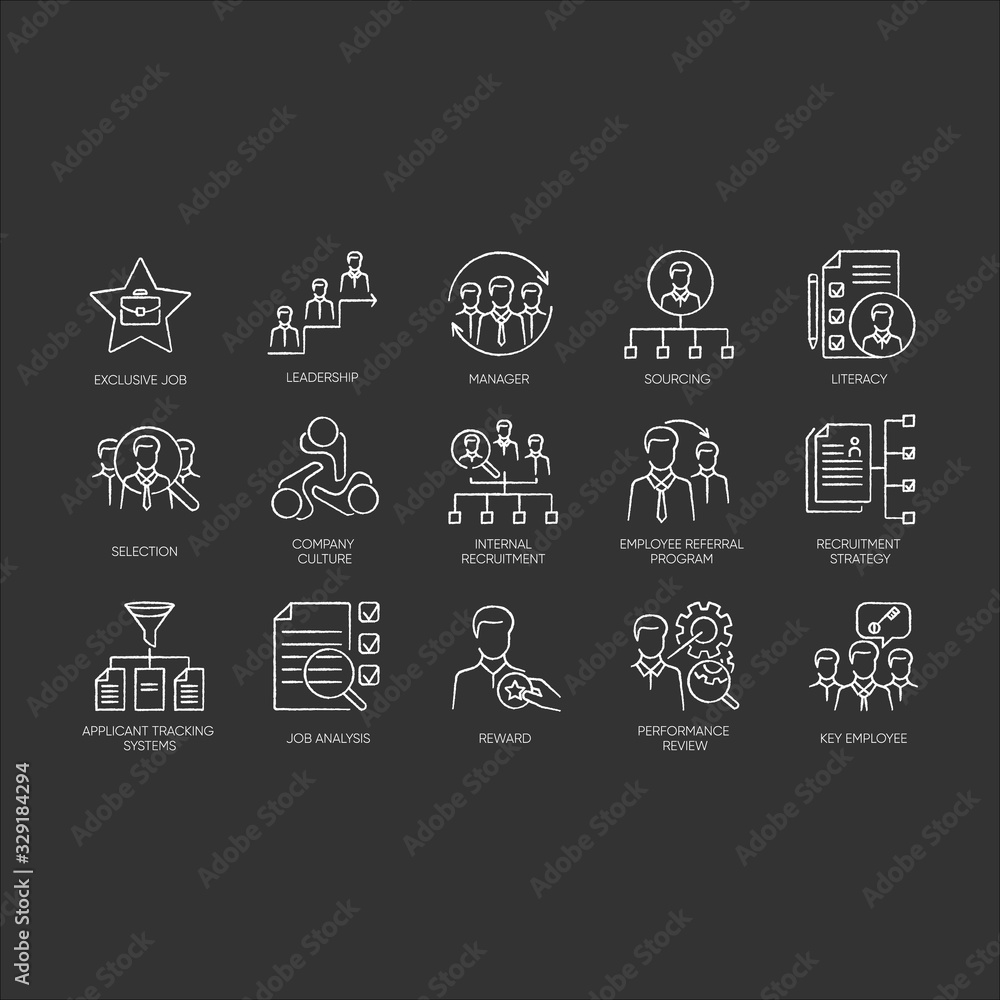 Headhunting chalk white icons set on black background. Human resources management, recruitment, employment agency. Executive search, personnel hiring. Isolated vector chalkboard illustrations Headhunting chalk white icons set on black background. Human resources management, recruitment, employment agency. Executive search, personnel hiring. Isolated vector chalkboard illustrations
