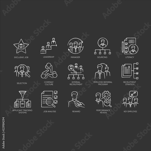 Headhunting chalk white icons set on black background. Human resources management, recruitment, employment agency. Executive search, personnel hiring. Isolated vector chalkboard illustrations