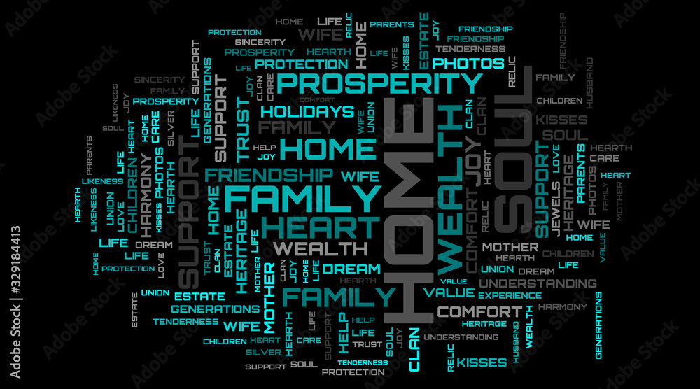 Family values turquoise modern words cloud concept