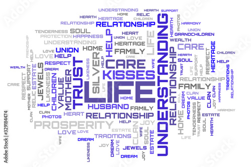 Blue word cloud on the topic family life on white