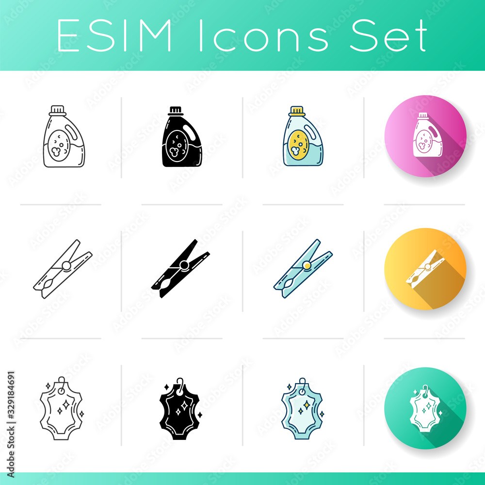 Fototapeta premium Clothes cleaning items icons set. Laundry detergent, clothespin and clothesline. Clothing washing and dry cleaning. Linear, black and RGB color styles. Isolated vector illustrations