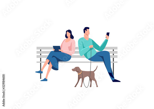 Fototapeta Naklejka Na Ścianę i Meble -  Young man and woman sitting in the park on the bench with a dog. Vector illustration.