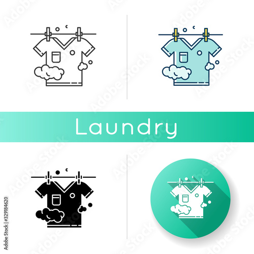 Outdoor drying icon. Laundry, clothesline, outside clothes drying. T-shirt hanging on rope, clean summer clothing, washed garment. Linear black and RGB color styles. Isolated vector illustrations