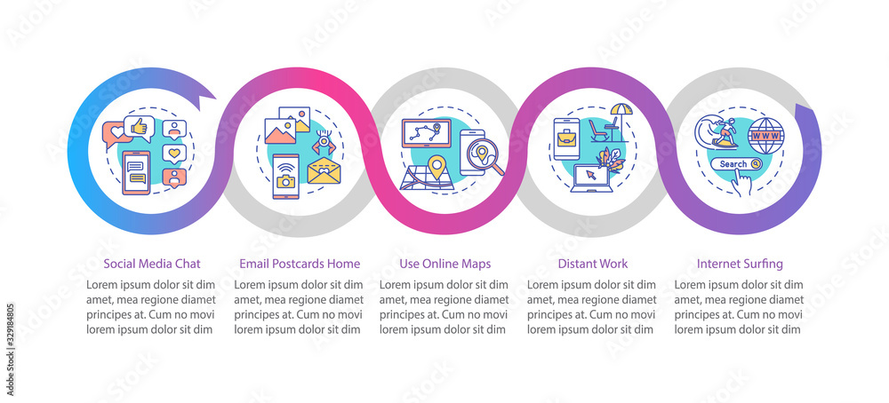 Online services vector infographic template. Internet surfing, chat and work presentation design elements. Data visualization with 5 steps. Process timeline chart. Workflow layout with linear icons