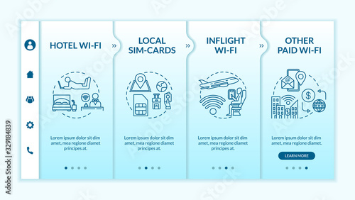 Free and paid WI-fi onboarding vector template. Local SIM card, hotel and inflight Wi-fi service. Responsive mobile website with icons. Webpage walkthrough step screens. RGB color concept