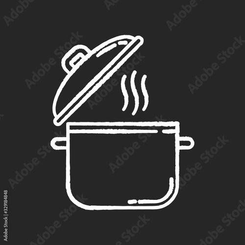 Cooking pot chalk white icon on black background. Recipe for casserole. Saucepan with steam. Cute kitchenware. Hot boiling soup. Cuisine, culinary. Isolated vector chalkboard illustration